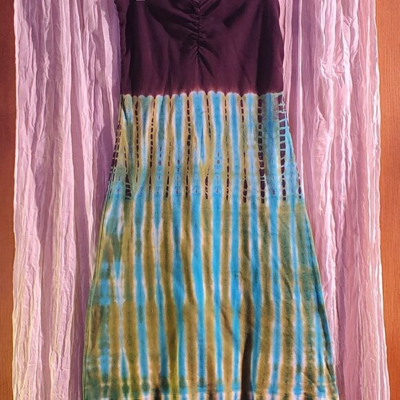 "GREEN" Tie Dyed Dress Swim Suit Cover-up with Spaghetti Tie-strap Around Neck - Picture 7 of 7